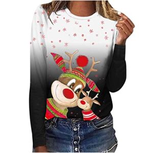 Women’s Xmas Reindeer Graphic Long Sleeve Tops Holiday Casual Crewneck Ombre T-Shirts Christmas Blouses Tee Shirts
