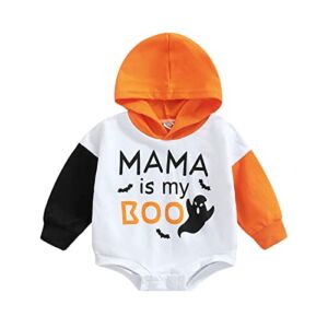 Newborn Baby Boy Girl Halloween Onesie Pumpkin Outfit Oversized Sweatshirt Hooded Ghost Skeleton Romper Clothes (Oversized Boo,6-12 Months)