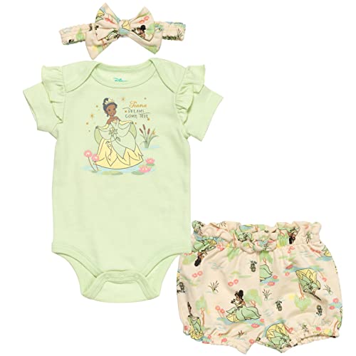 Disney Princess Tiana Newborn Baby Girls Bodysuit Shorts and Headband 3 Piece Outfit Set Green/Khaki 0-3 Months | The Storepaperoomates Retail Market - Fast Affordable Shopping