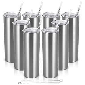 Stainless Steel Skinny Tumbler Set, Insulated Travel Tumbler with Closed Lid, Skinny Insulated Tumbler, 20 Oz Slim Water Tumbler Cup for Coffee Water Hot Cold Drinks, Set of 8, Silver