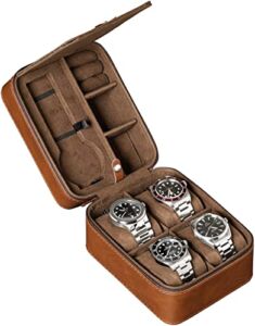ROTHWELL 5 Watch Travel Case Storage Organizer for 5 Watches | Tough Portable Protection w/Zipper Fits All Wristwatches & Smart Watches Up to 50mm (Tan / Brown)