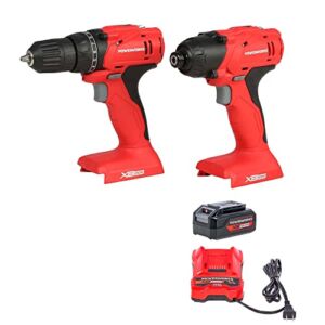 Powerworks 20V Cordless Drill Impact Driver Combo kit, 3/8” Drill & 1/4” Hex Impact Driver Brushless Power Tool Kit, Included 1 Battery, 1 Charger,1 Bag