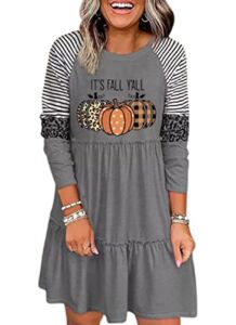 Thanksgiving It’s Fall Y’all Leopard Plaid Pumpkin Ruffled Mini Dress Casual Long Sleeve Funny Print Women Dress(X-Large, Gray)