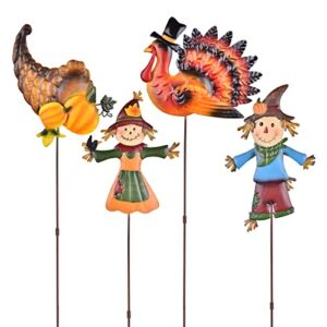 4PCS Metal Thanksgiving Yard Decorations Outdoor, Turkey, Scarecrow and Cornucopia with Pumpkins Designed Yard Stakes, Fall Harvest Thanksgiving Autumn Garden Decorations