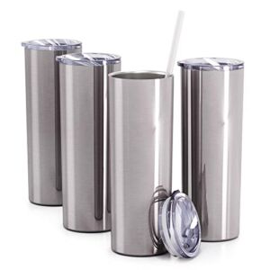 Maars Skinny Steel Tumbler with Lid and Straw | 20oz Double Wall Vacuum Insulated Stainless Steel Travel Coffee Cups, Bulk 4 Pack (4 Pack, Silver)