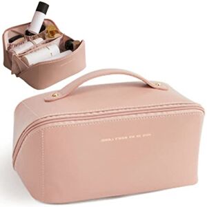 Peachloft Large Capacity Travel Cosmetic Bag Flat Big Makeup Bag for Women Portable Waterproof PU Leather Skincare Bag with Handle and Divider