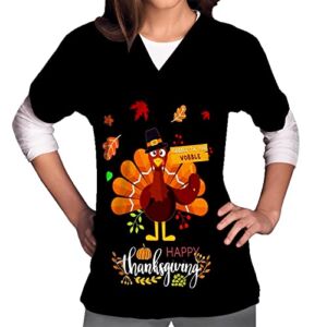 Womens Thanksgiving Scrubs Tops Workwear 2022 Ladies Cute Dressy V Neck Turkey Graphic Scrub Shirt Blouse with Pockets