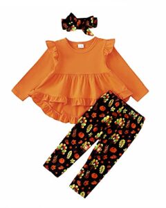 2T-3T Girls Clothes Toddler Girl Thanksgiving Outfit Cute Stuff Long Sleeve Orange Ruffle Tops Shirt Turkey Pants Set for 2-3 Years Old Girl Soft Little Girl Outfit
