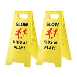 Slow Kids at Play Sign, Children at Play Safety Signs with Double-Sided Text and Graphics for Street Neighborhoods Schools Park Sidewalk Driveway (2-Pack Yellow)