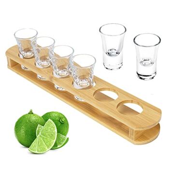 1 oz Shot Glasses with Holder, Shot Glass Set in Bamboo Wooden Shot Tray, D&Z 6 Heavy Base Shot Glasses for Whiskey/Vodka/Tequila/Cocktail/Soju, Shot Serving Tray, Good Helper for Bar/Restaurant/Party | The Storepaperoomates Retail Market - Fast Affordable Shopping