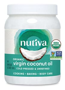 Nutiva Organic Cold-Pressed Virgin Coconut Oil, 54 Fl Oz (1 Pack) USDA Organic, Non-GMO, Whole 30 Approved, Vegan, Keto, Fresh Flavor & Aroma for Cooking & Healthy Skin & Hair