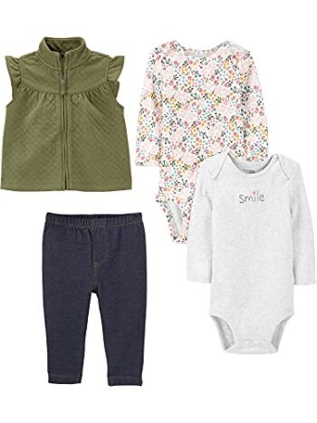 Simple Joys by Carter’s Baby Girls’ 4-Piece Bodysuit and Vest Set, Olive, Floral, 0-3 Months | The Storepaperoomates Retail Market - Fast Affordable Shopping