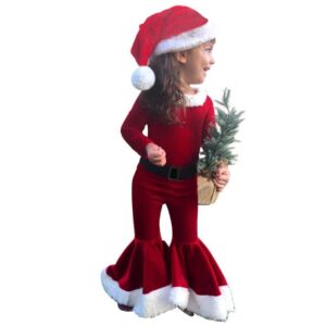 Merry Christmas Outfit Toddler Baby Girls Santa Claus Costume Long Sleeve Bell Bottom Pant Christmas Hat Clothes Set
