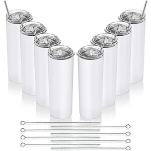 20 Oz Skinny Travel Tumblers, 8 Pack Stainless Steel Skinny Tumblers with Lid Straw, Double Wall Insulated Tumblers, Slim Water Tumbler Cup, Vacuum Tumbler Travel Mug for Coffee Water Tea, White