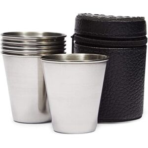 6 Pack Stainless Steel Shot Glasses with Leather Case, Metal Shooters for Tequila, Liquor, Whiskey (2 oz)
