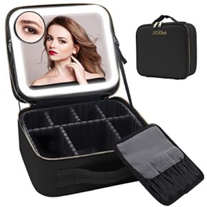 RRtide Travel Makeup Bag with Mirror of LED Lighted, Makeup Train Case with Adjustable Dividers, Makeup Case with Mirror and Detachable 10x Magnifying Mirror