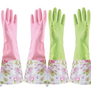 Rubber Latex Waterproof Dishwashing Gloves,Long Cuff and Flock Lining Household Cleaning Gloves 2 Pair (Medium)