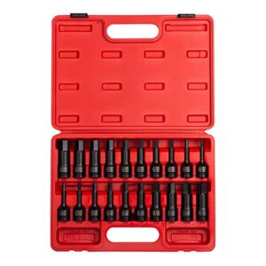 Sunex 2637, 1/2″ Drive Impact Hex Driver Set, 20Piece, SAE/Metric, 1/4″ – 3/4″, 6mm – 19mm, Cr-Mo Steel, Dual Size Markings, Heavy Duty Storage Case, Meets ANSI Standards,