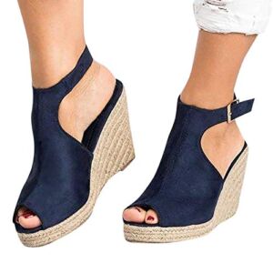 cooki Sandals for Women, Womens Casual Buckle Strap Roman Wedge Sandals Beach Sandals Open Toe Platform Sandals Shoes Dark Blue