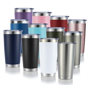 DOMICARE 20oz Stainless Steel Tumbler Bulk with Lid, Double Wall Vacuum Insulated Travel Mug, Powder Coated Tumbler Cup, Mix, 12 Pack