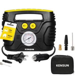 Kensun Portable Air Compressor Pump for Car 12V DC and Home 110V AC Swift Performance Tire Inflator 100 PSI for Car – Bicycle – Motorcycle – Basketball and Others with Analog Pressure Gauge (AC/DC)