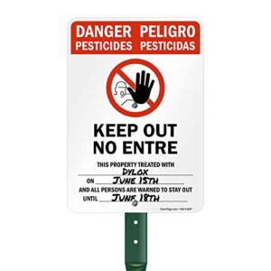 SmartSign 10 x 7 inch Bilingual “Danger- Pesticides, Keep Out, Property Treated With….” Write-On Yard Sign and 18 inch Stake Kit, 40 mil Laminated Rustproof Aluminum, Red, Black and White, Set of 1