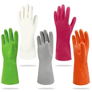 Cleanbear Reusable Cleaning Gloves Dish Washing Glove Set Five Pairs of Rubber Gloves with Assorted Colors Medium Size 12 Inches