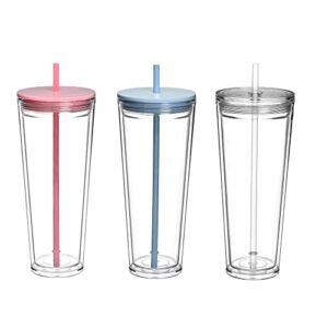 Insulated Tumblers Double Wall Clear Plastic Tumblers 3 Pack 24oz Tumblers with Lids and Straws,Reusable Cups With Straw,Perfect for Parties, Birthdays,Gifts (24oz, Transparent+Blue+Pink)
