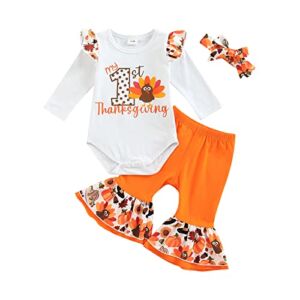 Tiacham My First Thanksgiving Baby Girl Outfit Newborn 1st Thanksgiving Outfits Bell Bottoms Turkey Romper Headband (White, 6-9 Months)