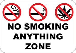 No Smoking Anything Zone aluminum sign. 10″ x 7″ with pre-drilled holes. Makes everyone aware that all kinds of smoking is prohibited