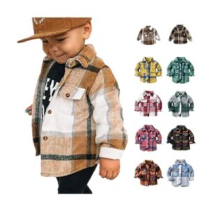 Flannel Shirt Jackets for Boys Girls, Toddler Baby Plaid Long Sleeve Lapel Button Down Shacket Kids Fall Winter Coat Outwear