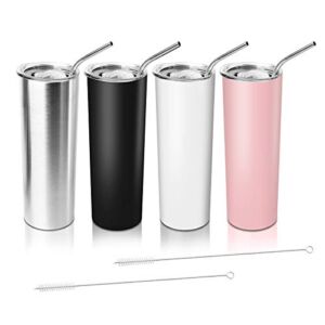 Skinny Tumbler Classic Stainless Steel Double Insulated Travel Tumbler with Closed Lid Straw with Cleaning Brush Water Tumbler Cup for Coffee Water Hot Cold Drinks (Black White Pink Stainless, 20 Oz)