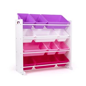 Humble Crew Kids’ Toy Storage Organizer with 12 Plastic Bins, Pink&Purple, White/Purple/Pink