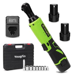 Yougfin Ratchet Wrench, 12V Cordless Power Tools, LED Light Variable Speed High Torque 40 ft-lbs 400 RPM, 2 Pack 2000mah Lithium-Ion Batteries and 60-Min Fast Charger