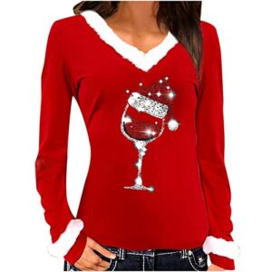 Women’s Christmas Tops, Sexy Trim Fur V-Neck Long Sleeve Shirts Fashion Sequin Wine Glass Graphic Tees Slim Blouses