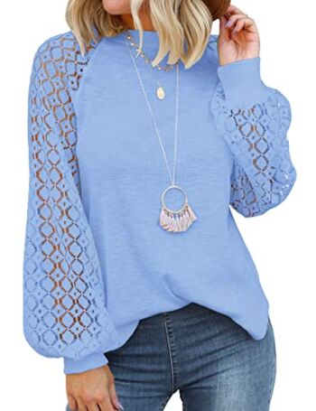 MIHOLL Women’s Long Sleeve Tops Lace Casual Loose Blouses T Shirts (Sky Blue, Large) | The Storepaperoomates Retail Market - Fast Affordable Shopping