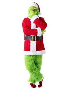 PAFIGA Green Big Monster Costume for Men 7pcs Christmas Deluxe Furry Adult Santa Suit Green Outfit (XXX-Large)