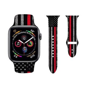 Thin Red Line Firefighter American Flag Watch Bands Compatible with Apple Watch 42mm/44mm/45mm, Adjustable US Thin Red Line Flag Wristbands Soft Silicone Replacement Strap for iWatch
