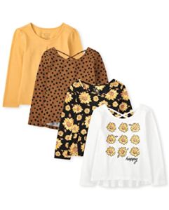 The Children’s Place Baby Toddler Girls Long Sleeve Fashion Shirt, Happy Sunflowers/Leopard/Big Sunflowers/Solid Dandelion 4 Pack, 12-18 Months