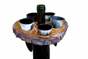 Sons of Odin Genuine Drinking Horn Shot Glass Set (5) w/Rustic Wood Display Stand (Live Edge) | Engraved with Norse Runes