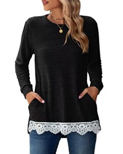 Women’s Long Sleeve Lace Trim Crewneck Tunic Tops Pockets Blouses Black Large