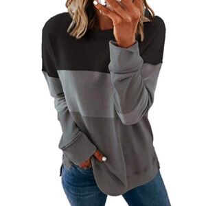 Womens Color Block Printed Sweatshirts Crewneck Pullover Shirts Long Sleeve Boluse Tops Side Split 2022 Trendy Winter Clothes