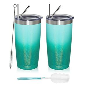 MEWAY 20oz Tumbler 2 Pack Double Wall Vacuum Insulated Travel Glitter Mug Bulk, Stainless Steel Tumblers with Lid and Straw, Powder Coated Coffee Cups Gift for Woman(Gradient Green ,Set of 2)