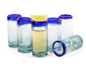 Authentic Hand Blown Mexican Tequila Shot Glasses – Set of 6 Cobalt Blue Rim Tequila Shot Glasses Made from Recycled Glass by Artisans (2 OZ, Cobalt)