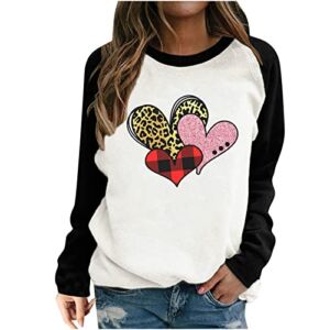 Fashion Women Round Neck Shirts Valentine’s Day Color Block Long Sleeve T-Shirt Splicing Printing Tops Black
