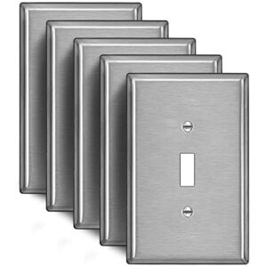 [5 Pack] BESTTEN 1-Gang Oversize Toggle Metal Wall Plate with Ｗhite or Clear Plastic Film, Stainless Steel Jumbo Light Switch Cover, Brushed Finish, Durable Corrosion Resistant, Silver