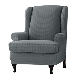 CHUN YI 2 Piece Stretch Houndstooth Wing Chair Cover, Soft Wingback Armchair Couch Slipcovers Spandex Fabric with Elastic Bottom for Living Room Bedroom Removable Furniture for Kids(Gray)
