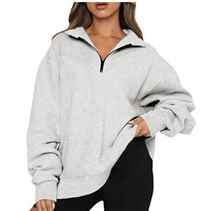 Womens Fall Fashion 2022 Pullover Tops Oversized Half Zip Pullover Long Sleeve Sweatshirt Solid Lapel Pullover Trendy Gray