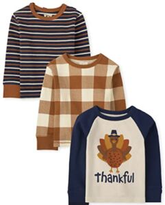 The Children’s Place Baby Toddler Boys Long Sleeve Fashion Shirts, Brown Plaid/Thankful/Stripes 3 Pack, 3T