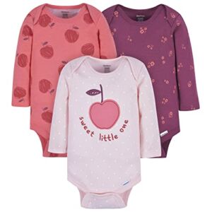 Gerber Baby Girl’s 3-Pack Long-Sleeve Onesies Bodysuit, Pink Apple, 6-9 Months